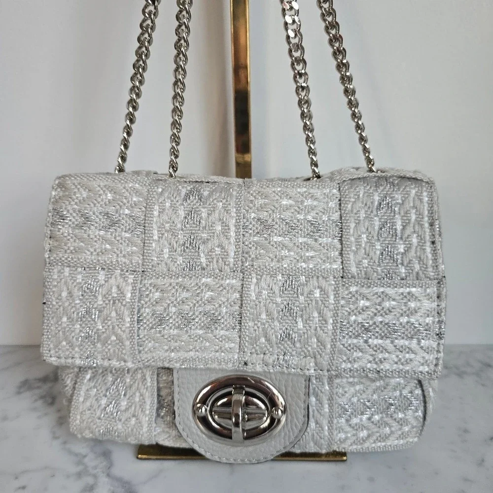 Alma Tonutti Silver Woven Metallic Chain Strap Shoulder Hand Bag Italy